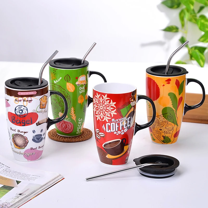 

600ML Ceramic Colorful Tropical Coffee Mug Tea Cup with Lid Spoon Straw Gift Packing Drinkware