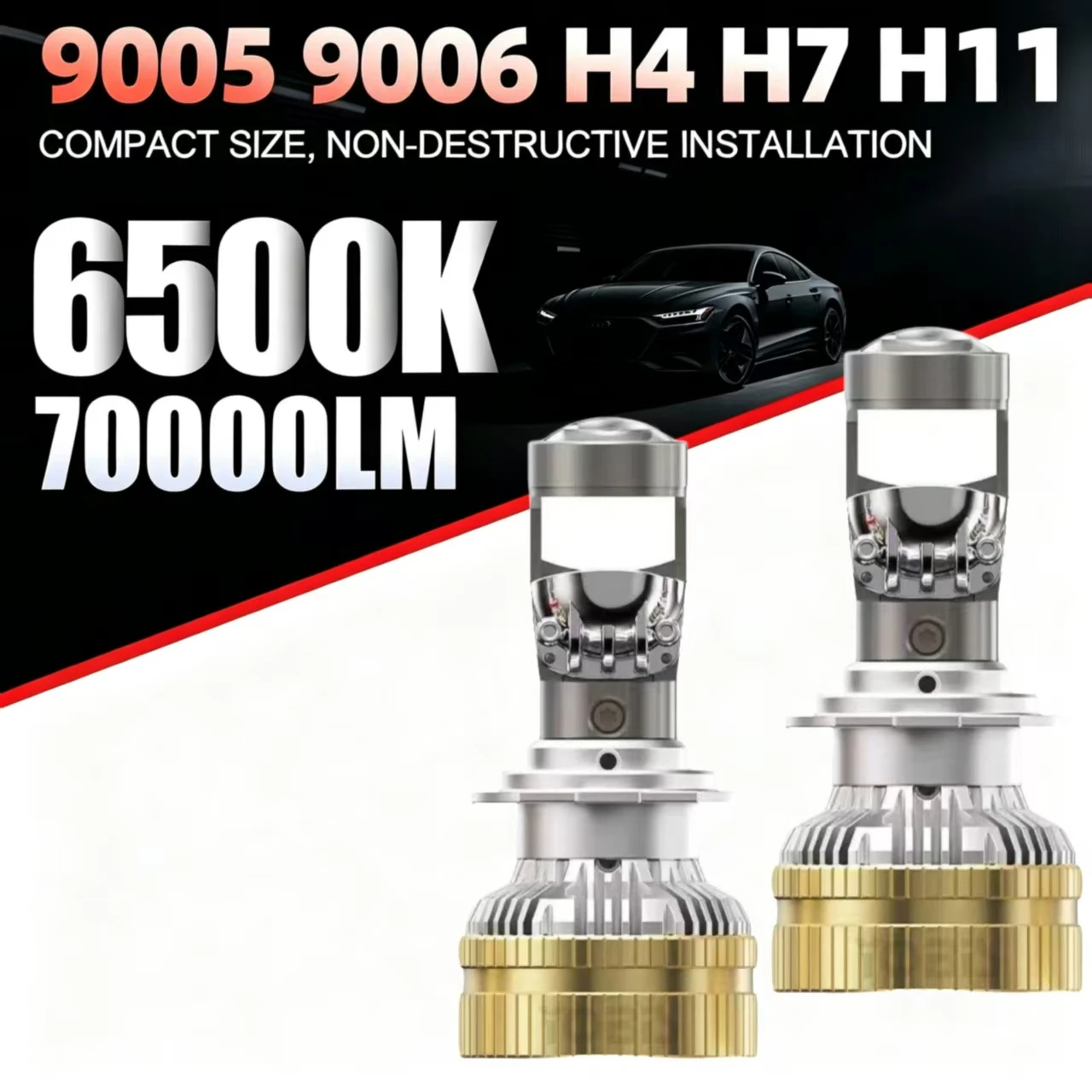 2Pcs 300W 70000LM H7 Canbus Car Headlight Mini Lens H11 9005 9006 HB3 HB4 H4 LED Projector Bulbs 6500K Auto Motorcycle Mini Lens