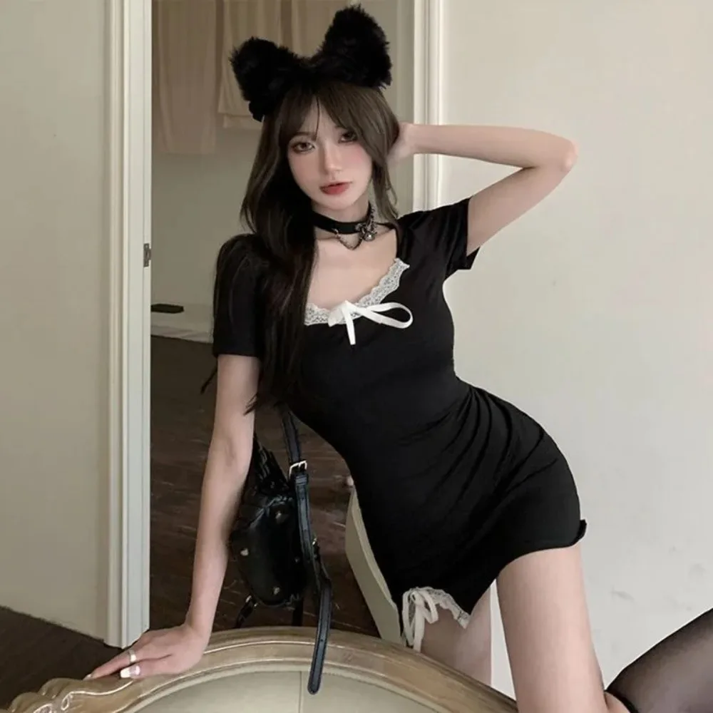 

Salt-sweet Slit Bow Dress for Women with Small Tricks Sexy Sexy Hot Girl Lace Black Hips