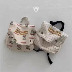 Mochila coreana a rayas con estampado de dibujos animados para niños y niñas, bolso escolar a la moda con letras, 2024