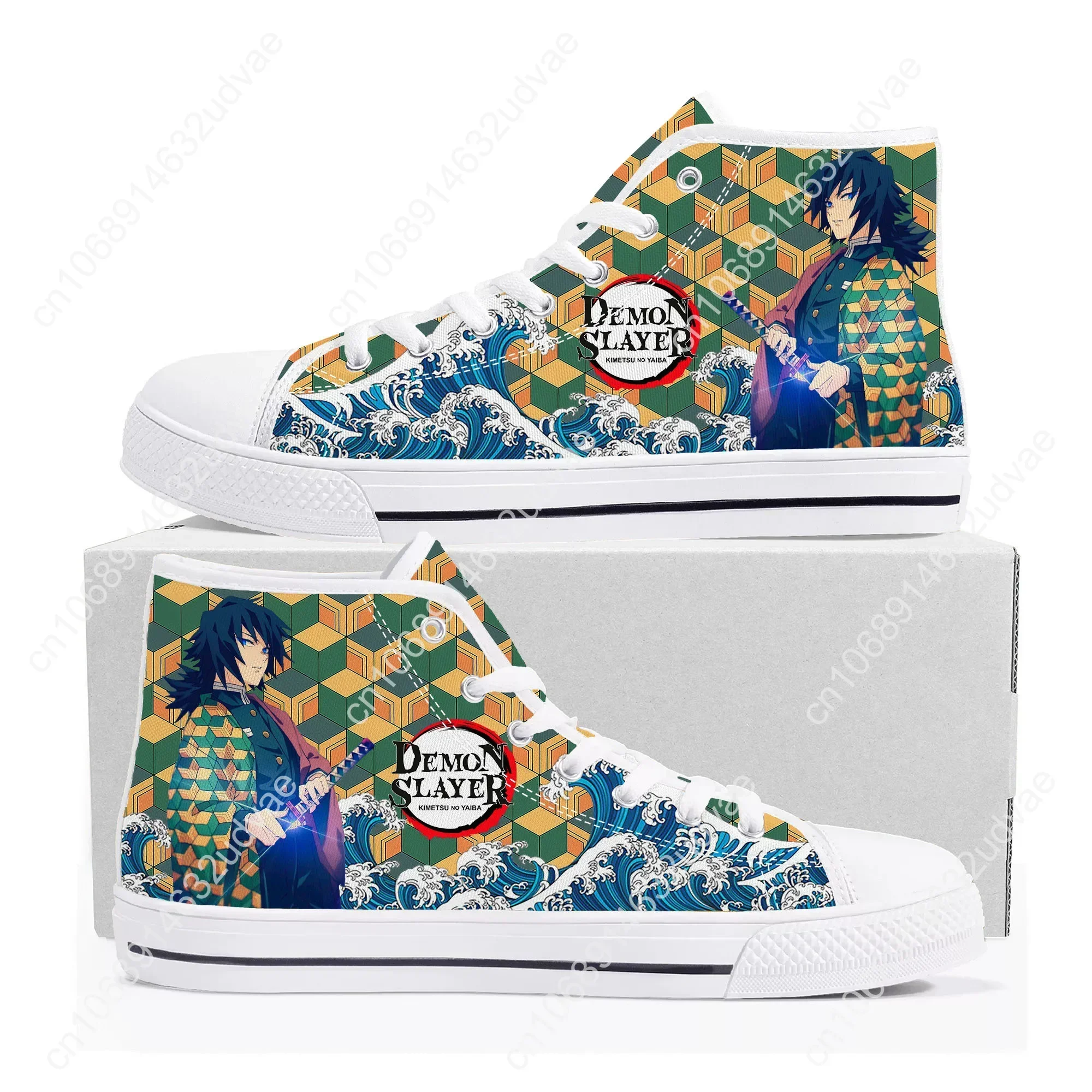 Japan Anime Cartoon Giyu Tomioka Water Hashira Fashion High Top Sneakers Mens Womens Teenager Canvas Couple Shoes Custom Shoe