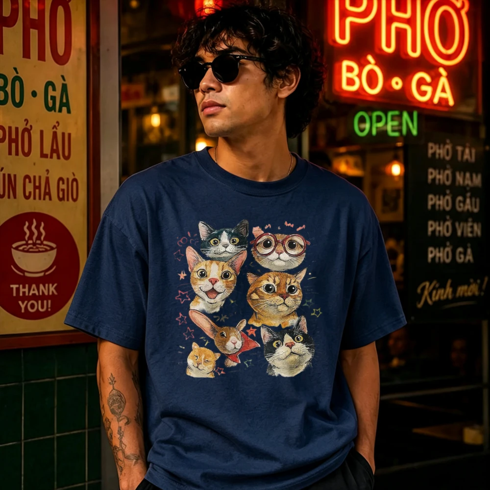 Amerikanisches Retro-Spaß-Cartoon-Katzen-Print Kurzarm-T-Shirt Damen Sommer Locker Sitzendes Oberteil T-Shirt Grafik-T-Shirts Herren Bekleidung Shirt