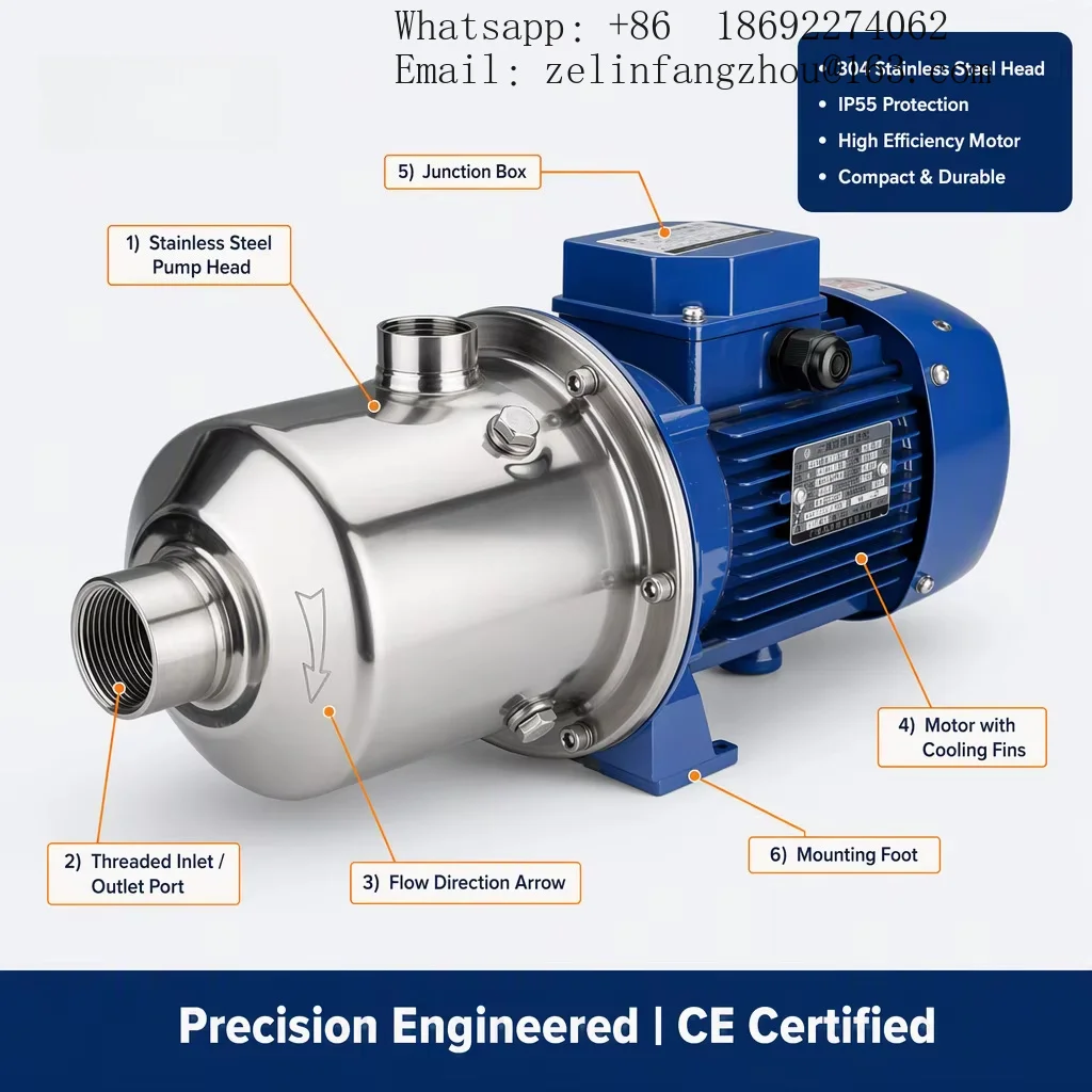 304 Stainless Steel Centrifugal Pump IP55 Motor Cooling Fins Polished Dome Front Port Vertical Top Port Heavy Duty Pro