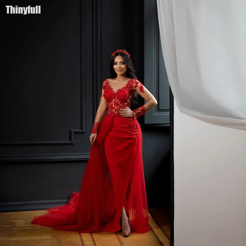 

Thinyfull Red Mermaid Evening Party Gown V-neck Long Sleeves Appliques Prom Dresses Tulle Formal Occasion Dress Robe De Soirée