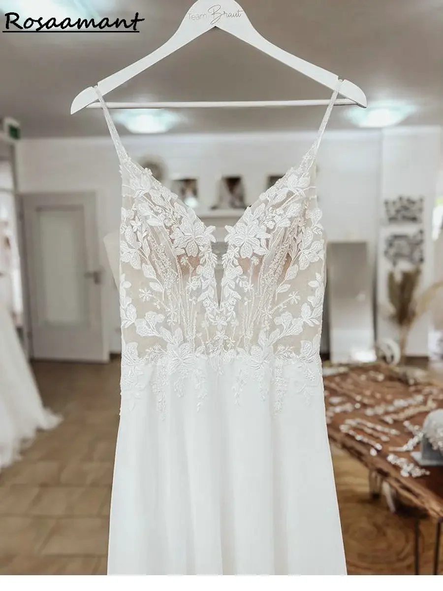 Новое поступление, шифоновые бретельки, свадебные платья трапециевидной формы, без рукавов, с открытой спиной, аппликации, кружевные свадебные платья в стиле бохо в стиле кантри