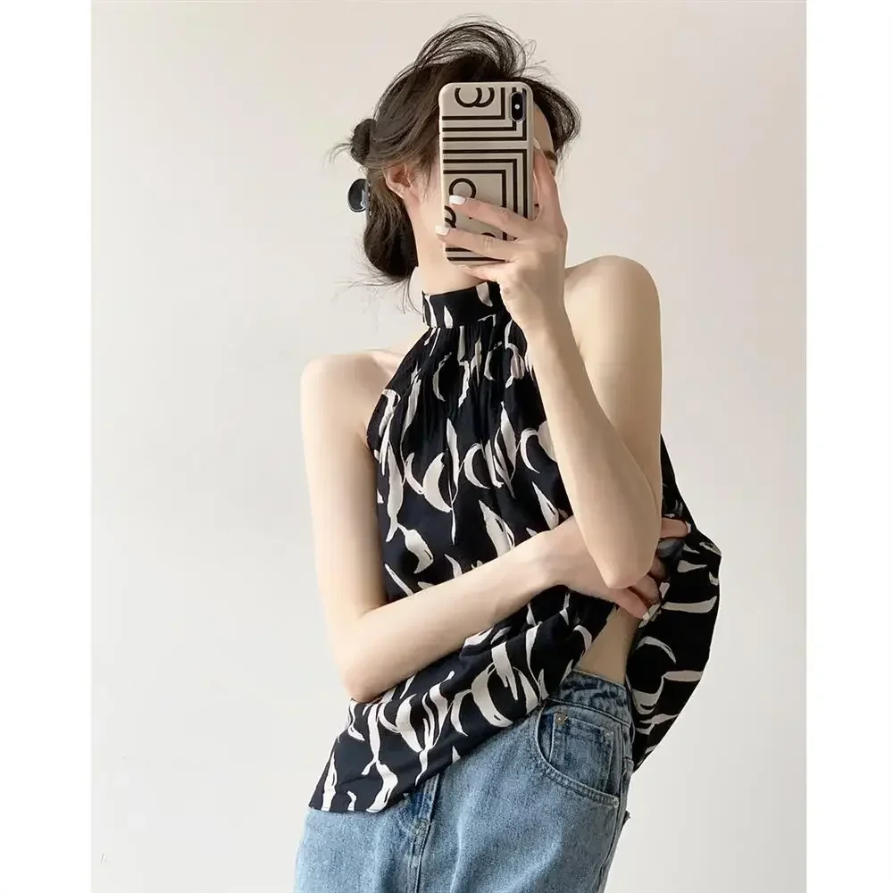 Vintage Summer Sleeveless Sexy Shirt Women Printed Crop Tops Elegant Korean Fashion Hanging Neck Top Blouse Women Clothing