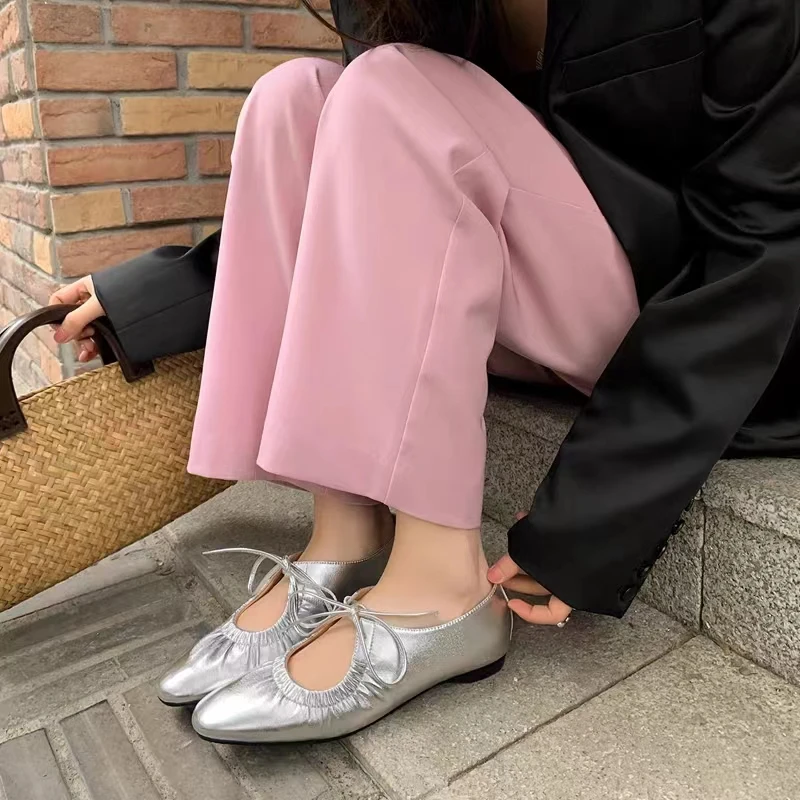 Ballet Flats Women Pu Leather Shoe Women Narrow Band Loafers Silver Gold Flats Bling Bling Gold Round Toe 2023 Spring Footwear