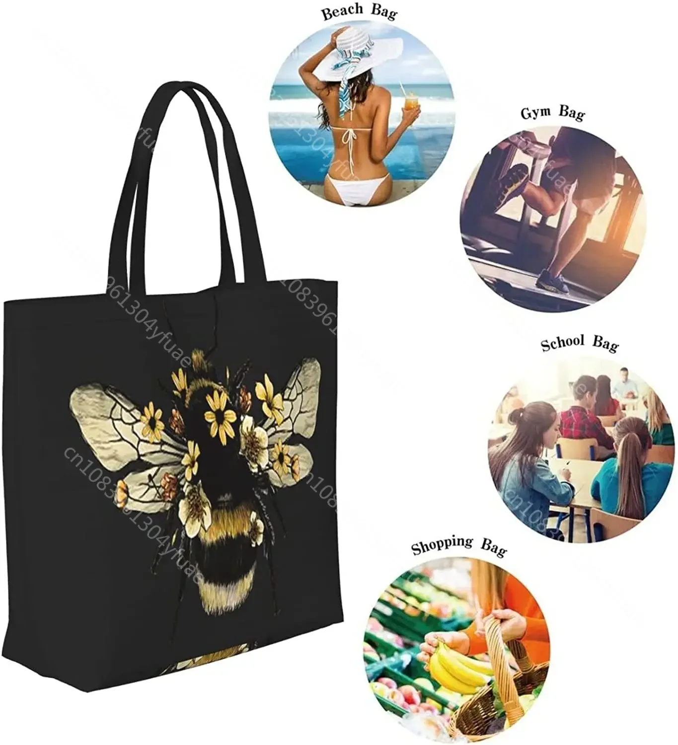 Bee Black Reusable Grocery Bags - Tote Bag for Women Casual Shoulder Bag Foldable Large Shopping Bag