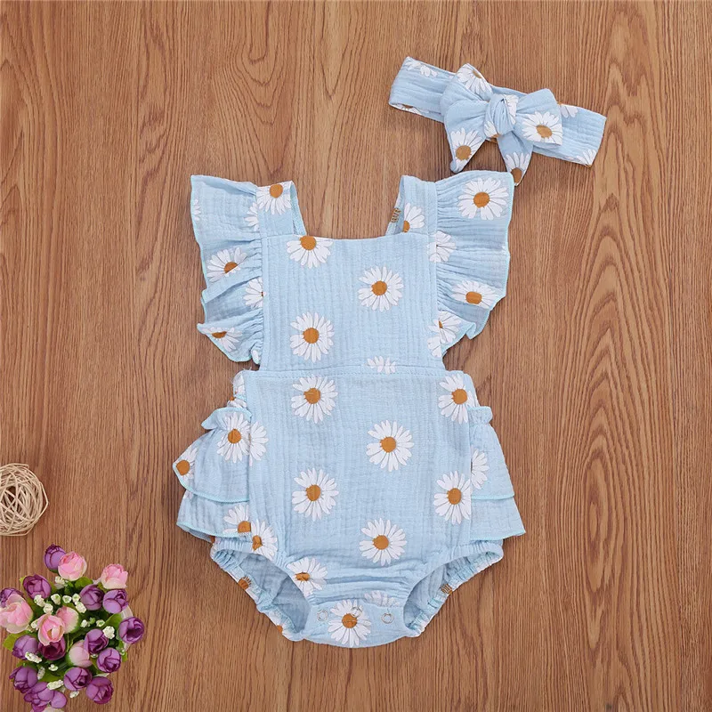 0-24months Baby Girls Summer Bodysuit Sleeveless Ruffled Chrysanthemum Print Infant Girls Romper + Bowknot Headband Set