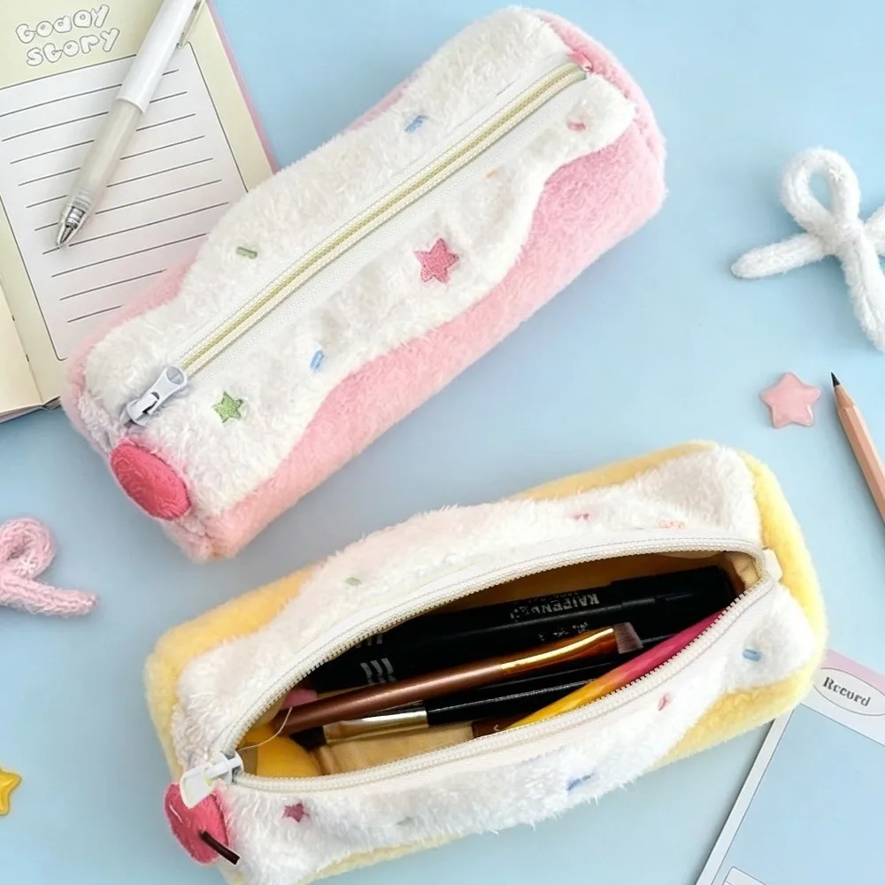 Cute Pencil Case Swiss Roll Shape Large Capacity Pen Bag Soft Fluffy Star Embroidery Pencil Pouch School Supplies
