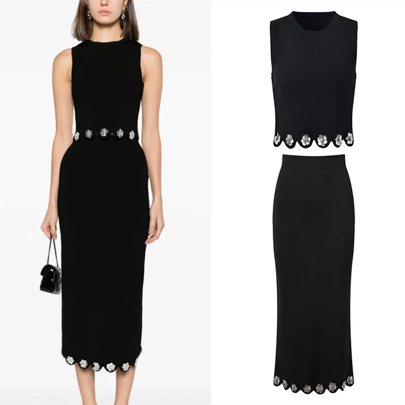 

High-End European Style Women's Fashion Knitted Vest Top And Sequin Flower Half-length Skirt Set Elegant Black Color