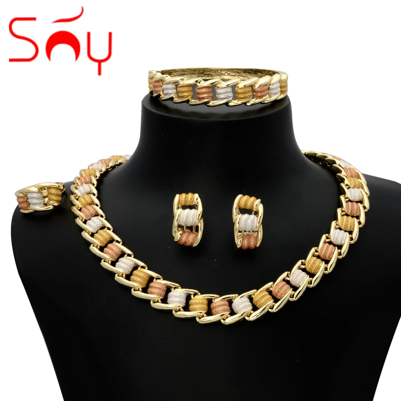 

Sunny African Jewelry Set Three Tone Hot Sale Earrings Necklace Bracelet Ring Bridal Wedding For Women Daily Office Wear Gift