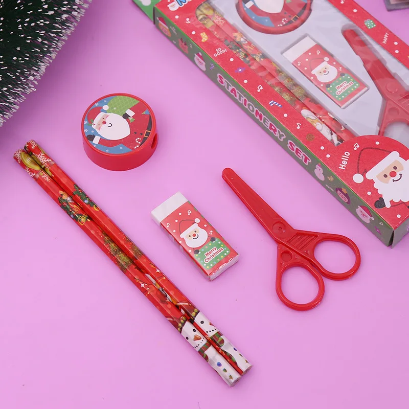 漫画サンタクロース鉛筆はさみ文房具セット、学生かわいいクリスマスゴム鉛筆削り、5新年、2025