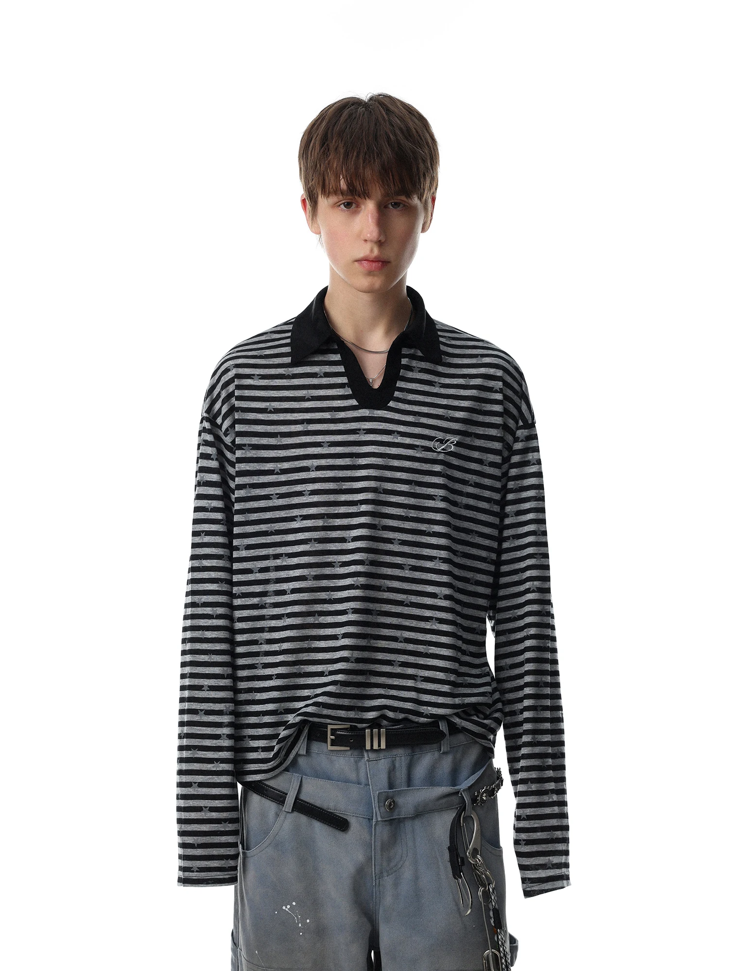American Retro Striped Embroidery Long Sleeve T-Shirt Men's Loose Casual Covering Shirt Trendy Turn-down Collar Comfortable Fit
