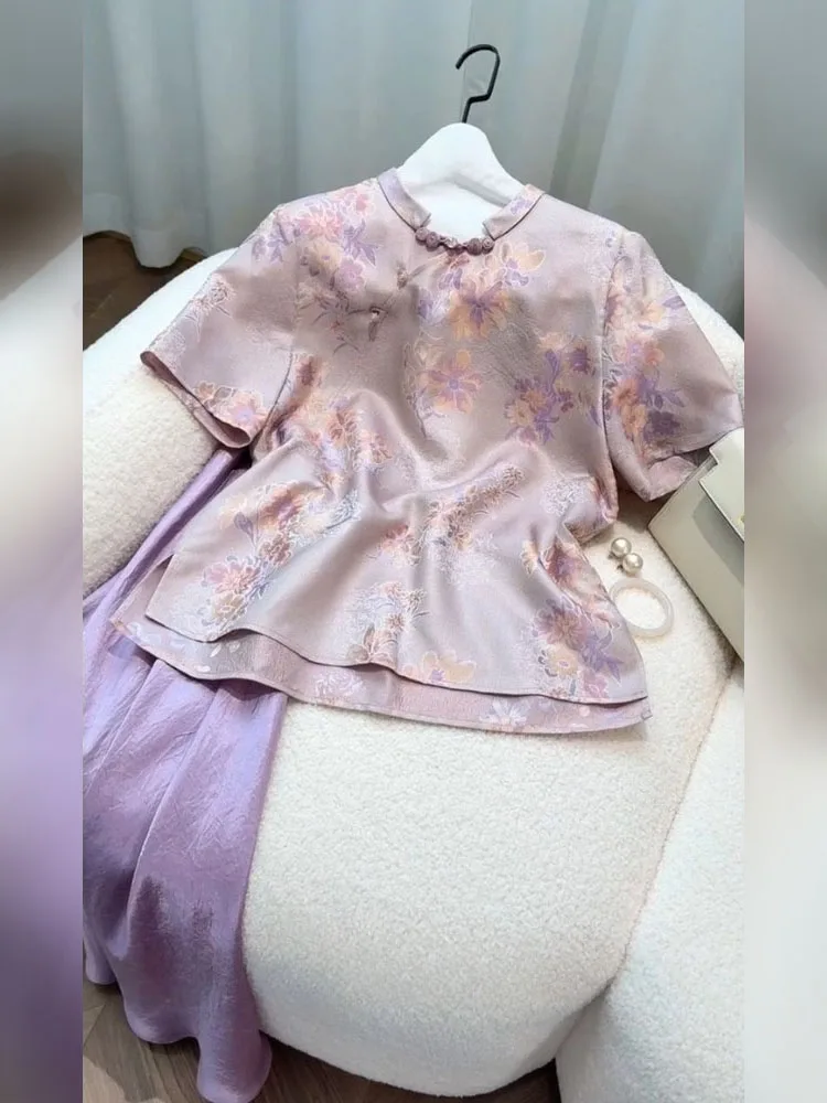 Nuovo cinese Sle Viola Ricamo floreale ort Sve Donna irt Estate 2025 Ele Unico Piccolo ence irt