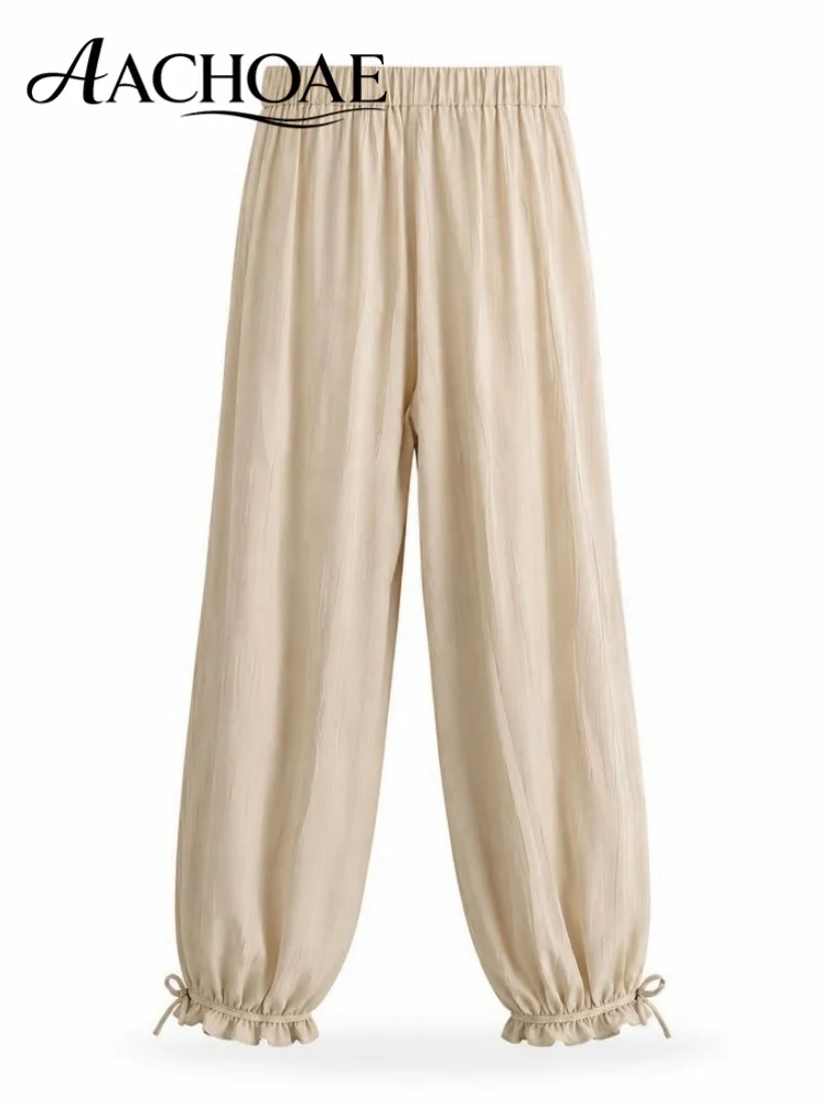 Women Wide Leg Lounge Pants Elastic Waist Casual Loose Trousers with Bow Tie Hem