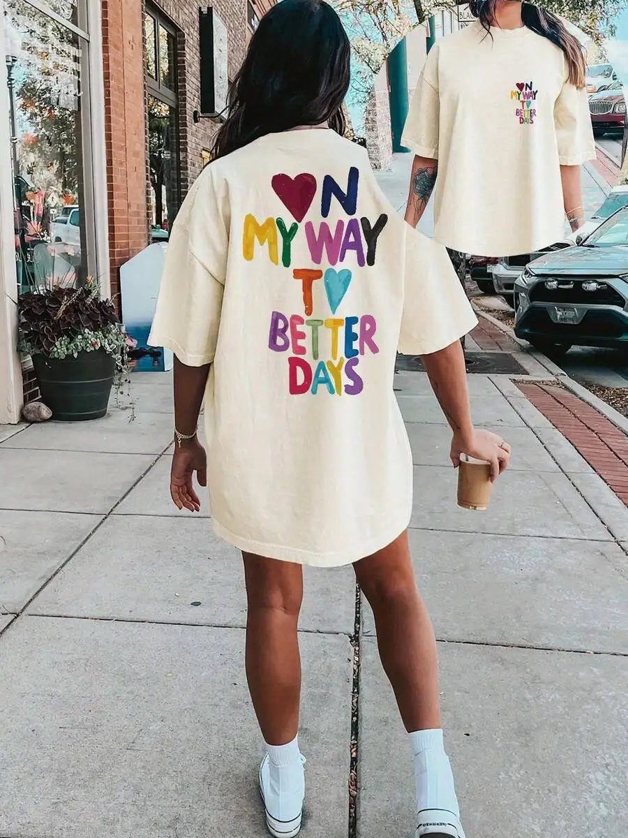 Women Light Yellow T Shirt Dress Colorful Hearts On To Better Days Print Crew Neck Relaxed Fit Machine Wash Summer Casual Dress