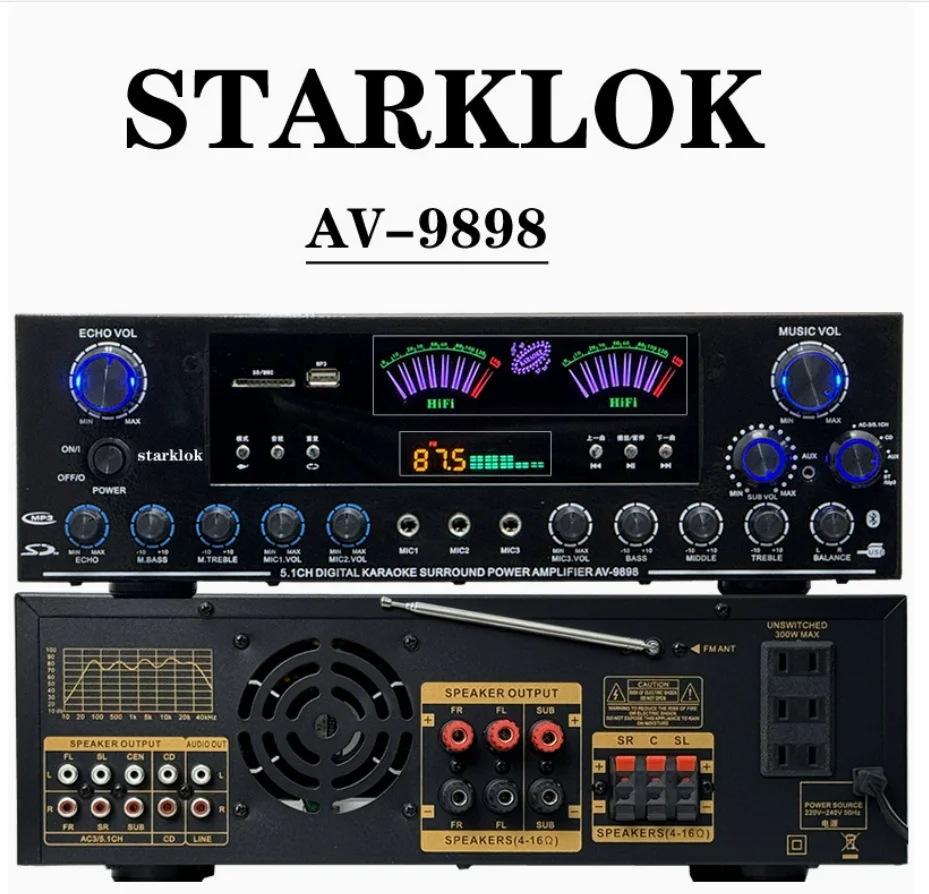 Starklok Av-9898BT Digital Amplifier Bluetooth Sound Amplifier High Power 8-tube 5.1 Subwoofer Audio Amp For Home Car