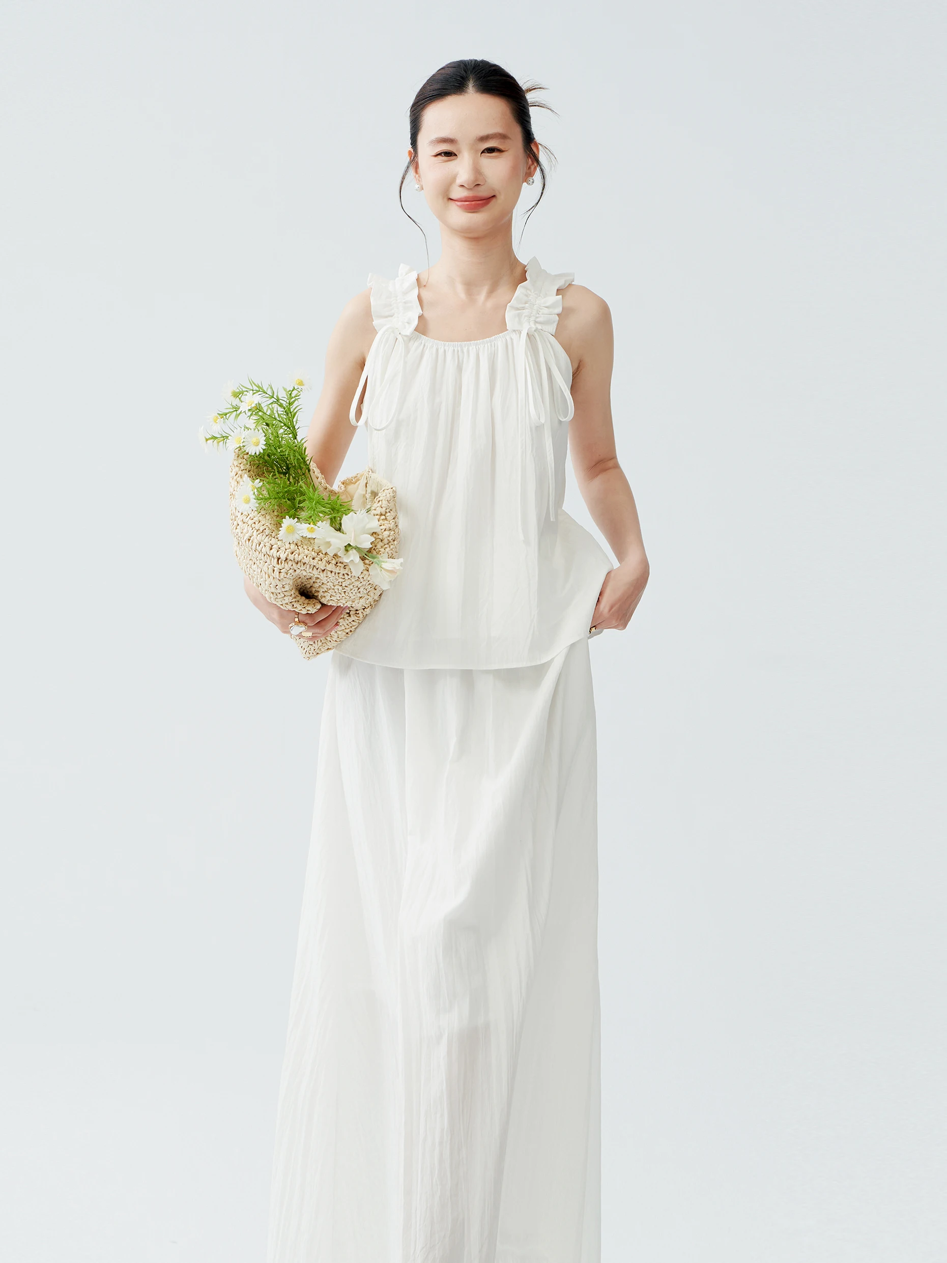 

Summer Loose Drawstring Gown Women's Fashion Set with Vest And Half Skirt Gentle Wind Style High Waist Long Skirt Casual Feel
