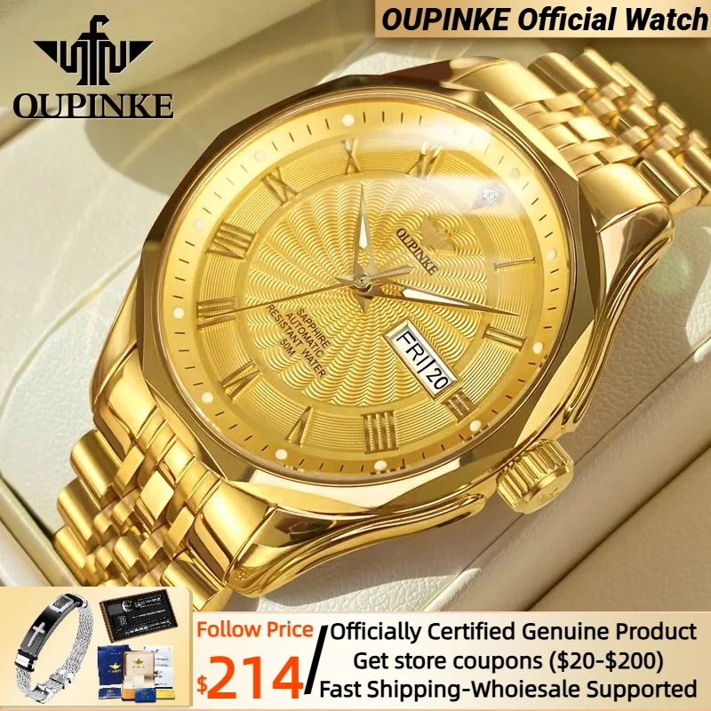 

OUPINKE Real Diamond Automatic Watch for Men Swiss Movement Sapphire Crystal Mirror Waterproof Luxury TOP Brand Gold Wristwatch