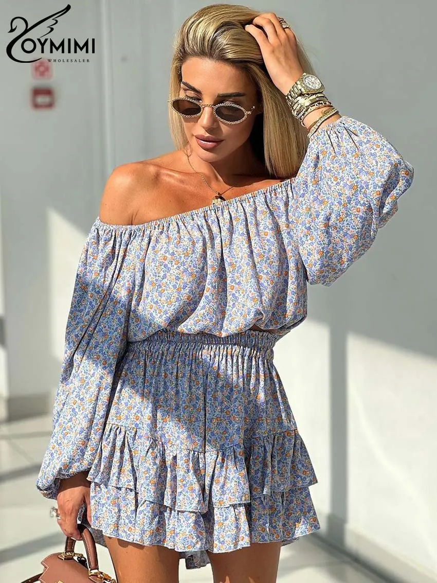 

Oymimi Casual Blue Print Women's Two Pieces Set Fashion Strapless Long Sleeve Crop Tops And Cascading Ruffle Mini Skirts Sets