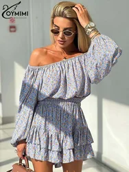 Oymimi Casual Blue Print Women's Two Pieces Set Fashion Strapless Long Sleeve Crop Tops And Cascading Ruffle Mini Skirts Sets