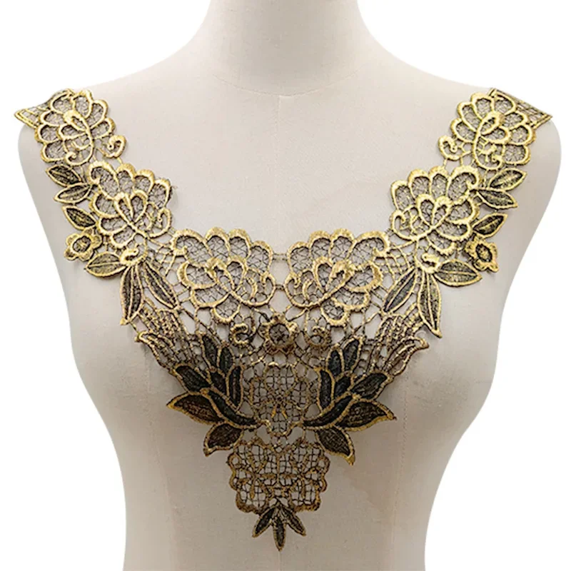 1pc Golden Silver Neckline Patch Sew on Clothes Gilding Embroidery Applique Flowers Collar DIY Clothing Patches Accessories