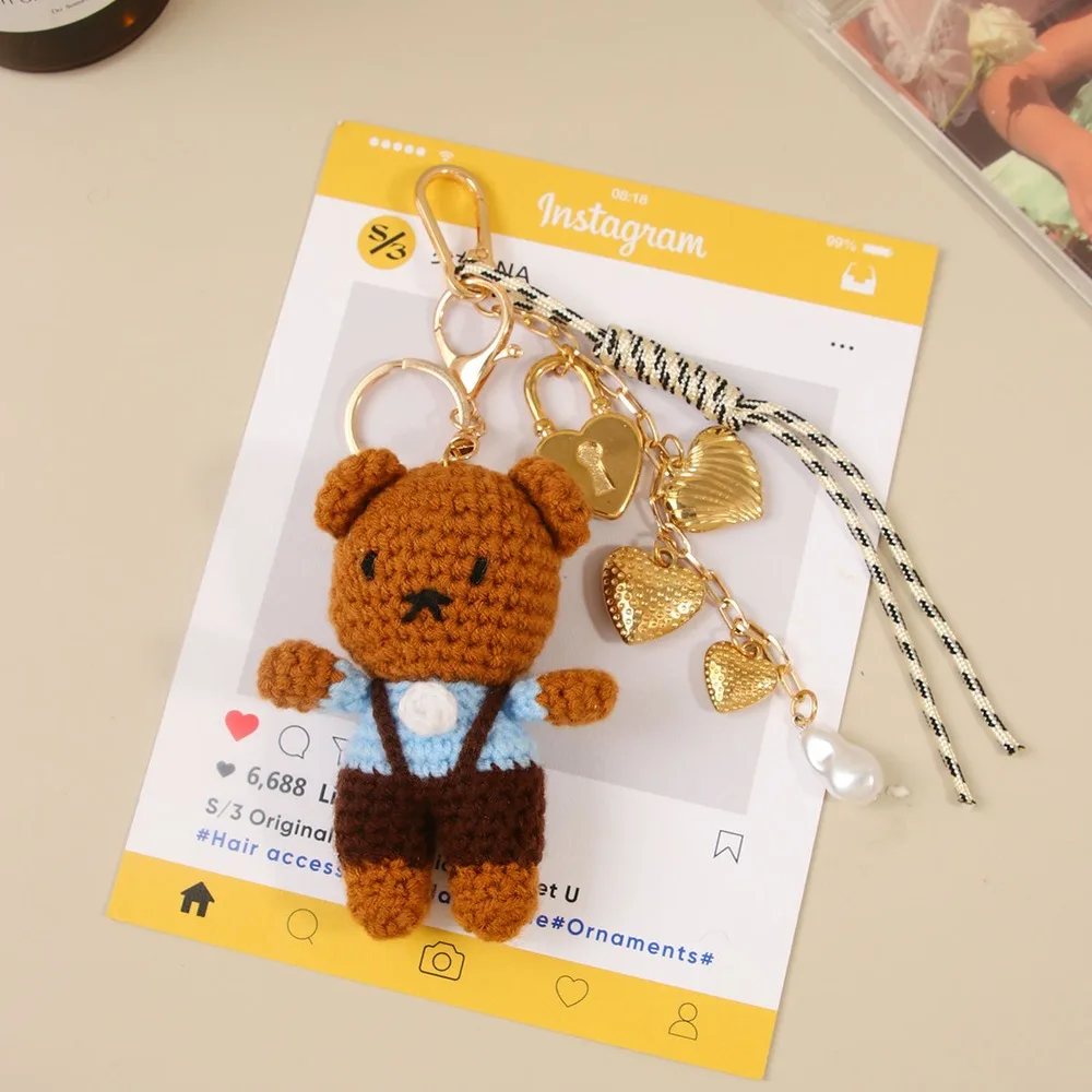 Crochet Teddy Bear Bag Charm Brown Heart Multi Charm Keychain Cute Purse Accessory For Women Handbag Backpack Key Ring Cute Gift