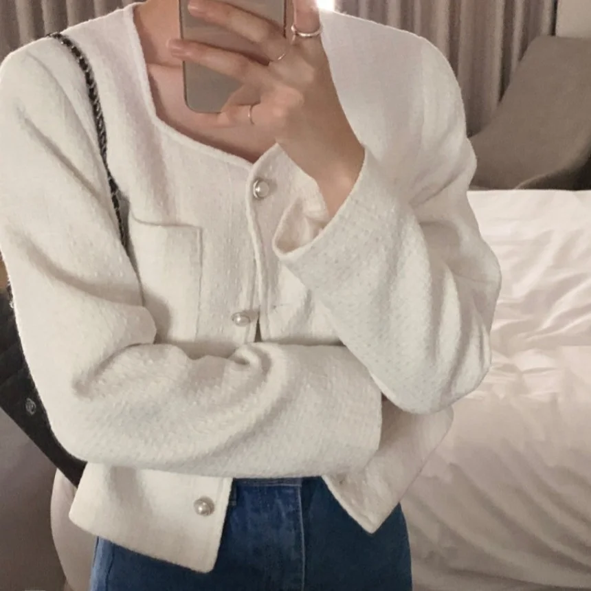  Woolen Coat Pearl Pocket Decorated Long Sleeve Square Collar Fragrant Style Women's Short Outerwear Polyester Fiber