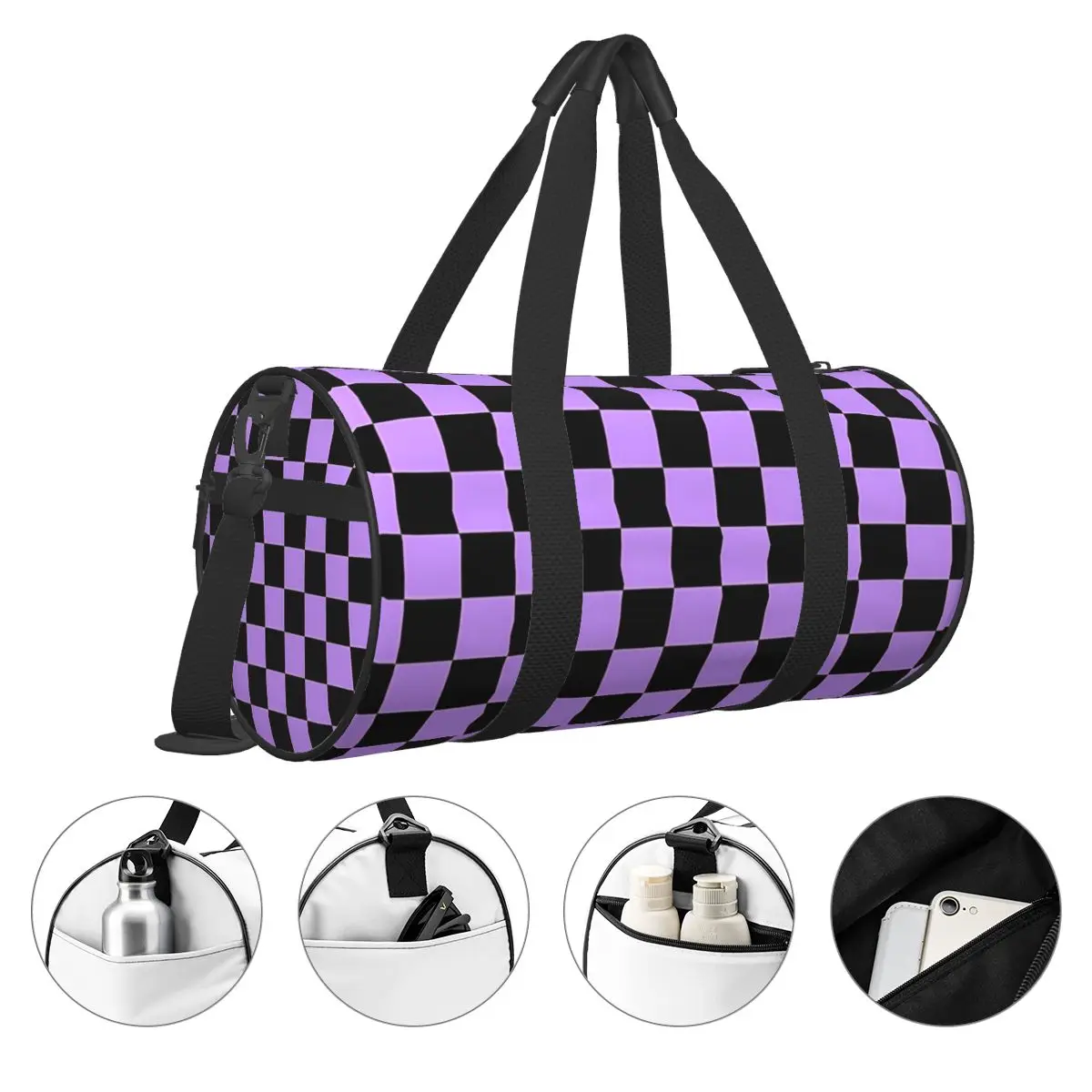 Black Purple Checkers Gym Bag Fashion Travel Training Sports Bags Men's Design with Shoes Retro Fitness Bag Portable Handbags