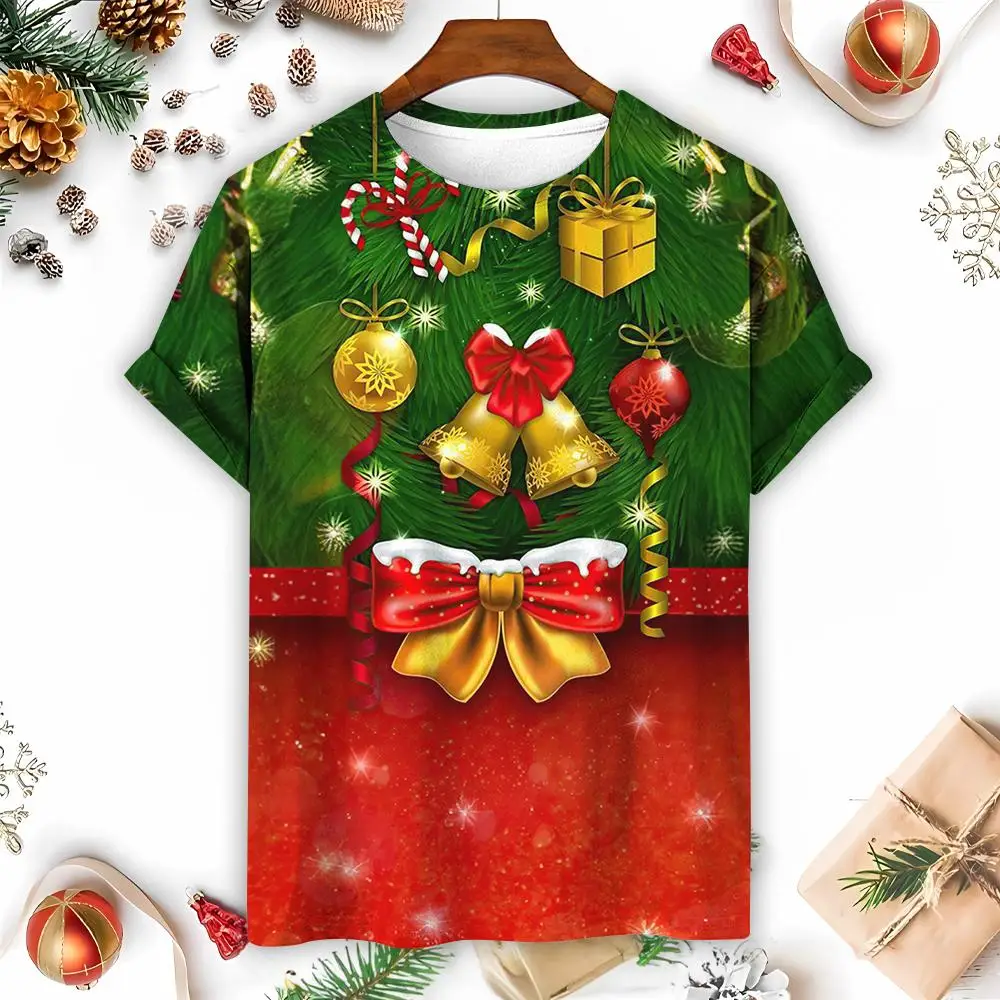 Santa Claus Print Men's T-Shirts Cartoon Christmas Elk Pattern Tees Casual O-neck Loose Short Sleeve Tops Unisex X'mas Clothing