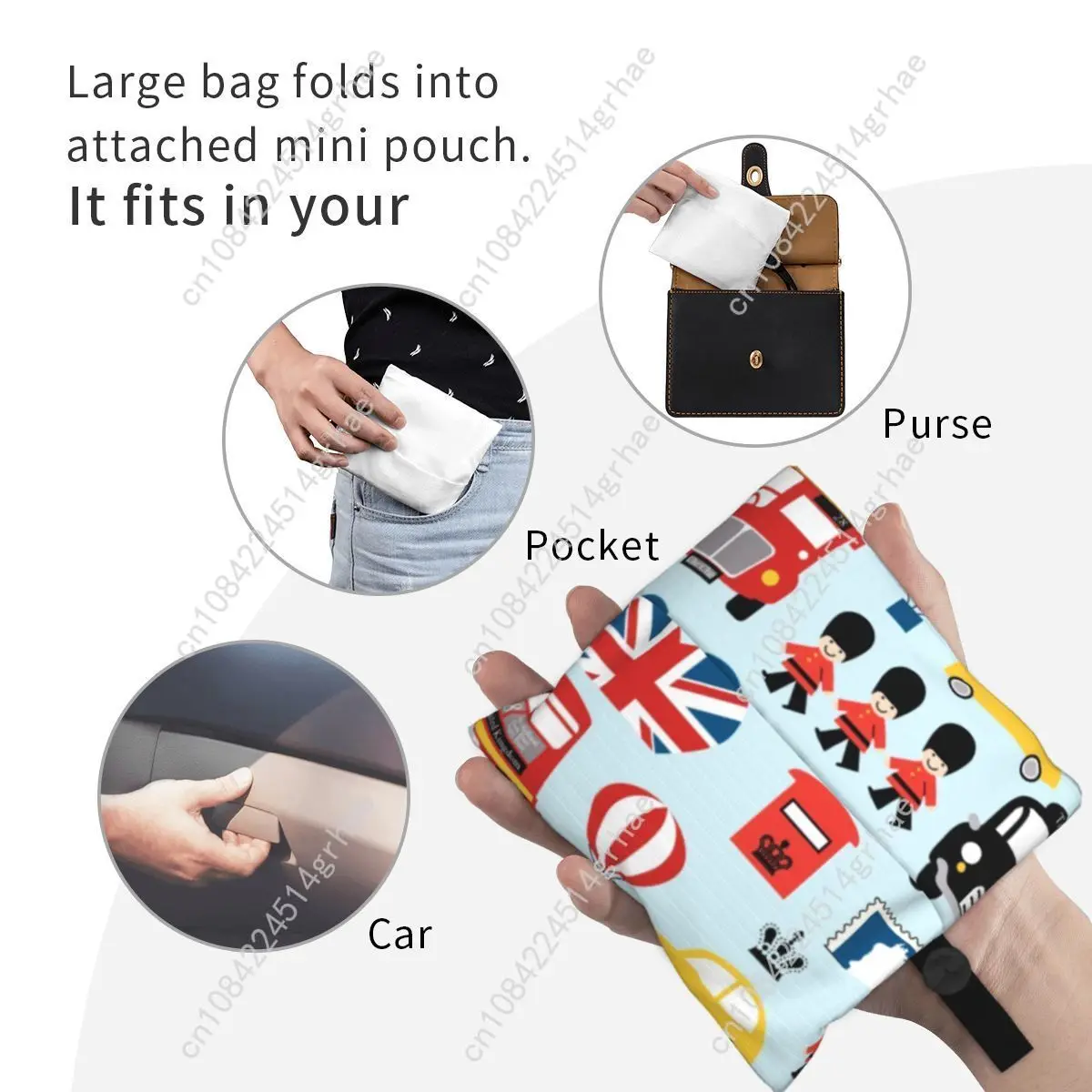 Custom British Flag London Red Bus Car Grocery Shopping Bag Fashion Shopper Tote Shoulder Bags Large Capacity Portable Handbag view 3