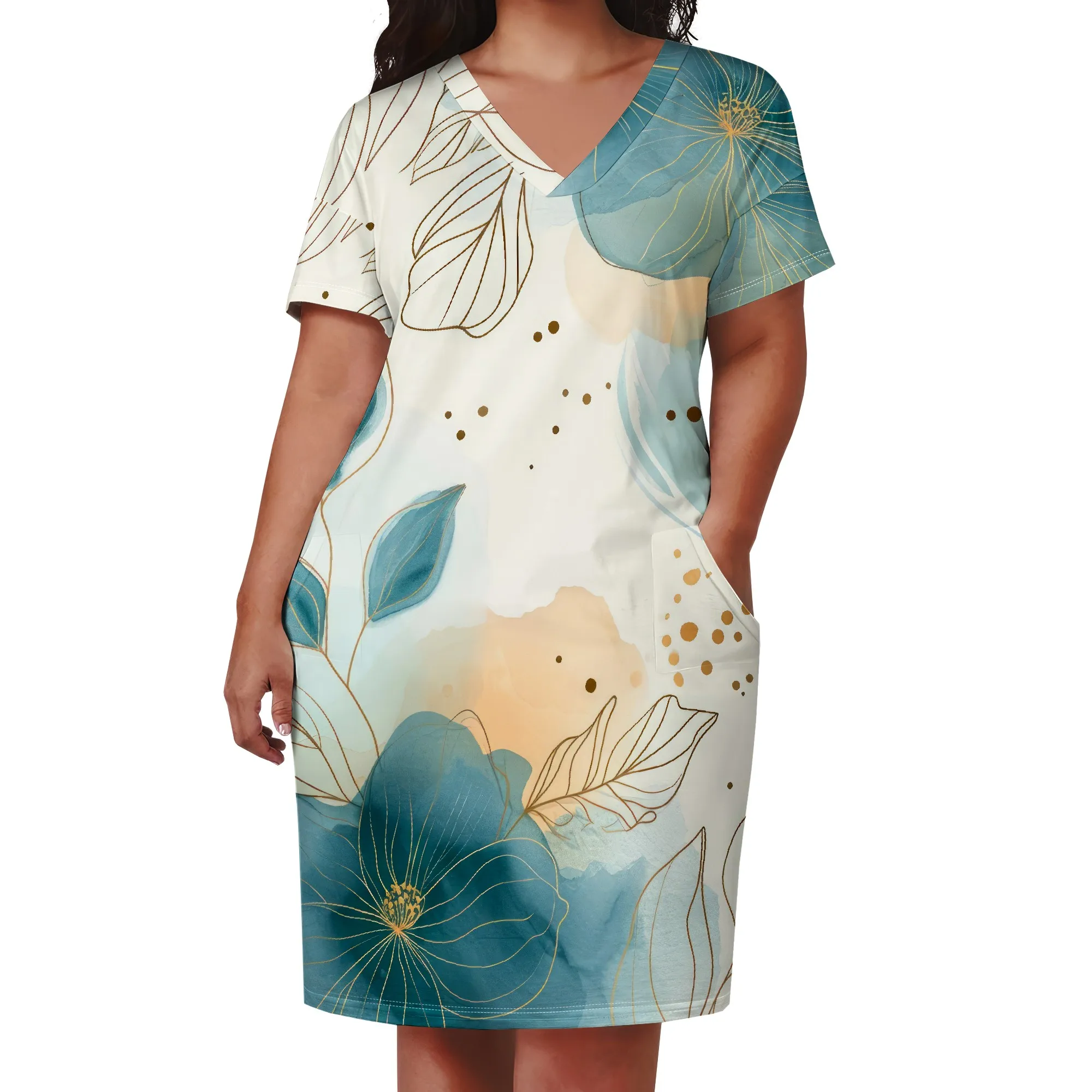 Plus Size Watercolor Floral Dress for Women – Elegant Summer V Neck Loose Casual T Shirt Dress with Pockets