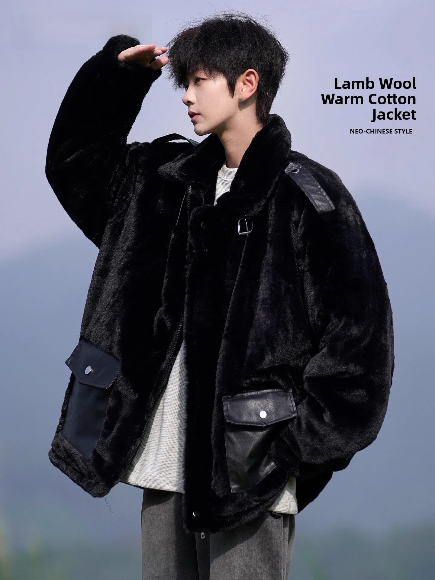 Genio Lamode masculino Thiened solto algodão Jaet cordeiro veludo pele de coelho simulação casaco de inverno quente juventude casual faion