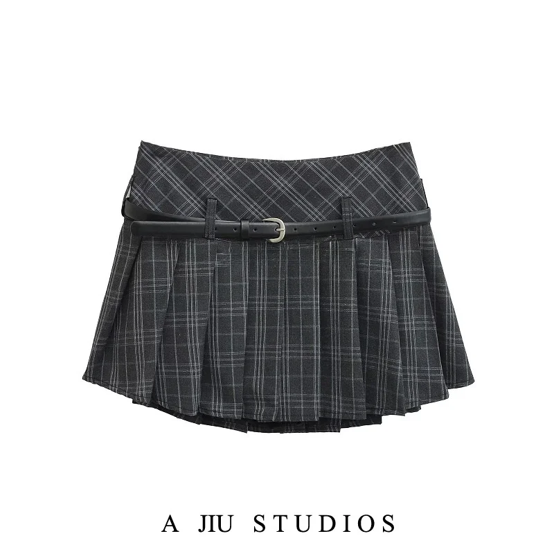 Amerykańska Retro College Sle Spódnica w Kratę z Paskiem w Kształcie Litery A Damska Letnia Spódnica Antyprześwitująca Modelująca Sylwetkę Uniwersalna Spódnica Ort