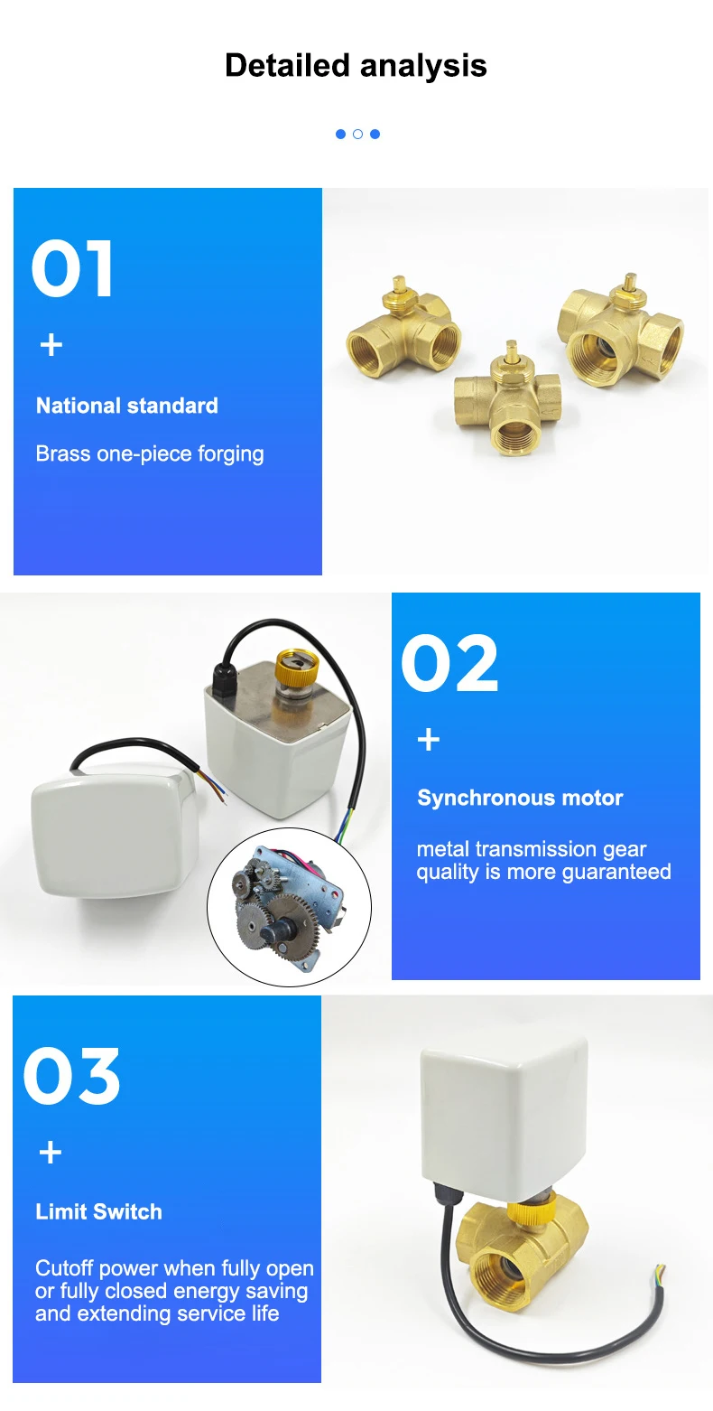 Acarps 3-Wege Motorisiertes Kugelventil 3-Draht 2-Steuerung T/L-Typ 1/2" 3/4" 1" 2" DN15-50 Messing HVAC Elektrisches Kugelventil 220V 24V 12V – Detail 7