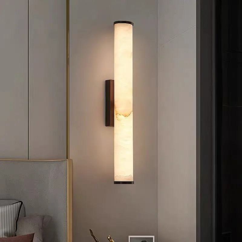 Spanish natural marble wall lamp All copper modern villa Living room background Bedroom bedside high-end wall lamp