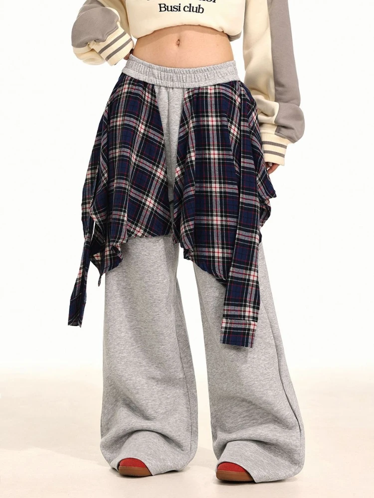 Women Patchwork Plaid Hem Sweatpants Wide Leg Loose Floor Length Pants Vintage Fall Trousers