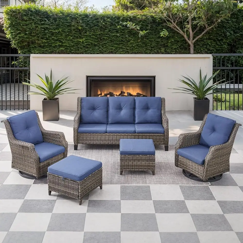 

6 Pieces Patio Furniture Set - Wicker Patio Conversation Sets With Outdoor Swivel Glider Chiars, 3 Seat Patio Sofa And Ottomans