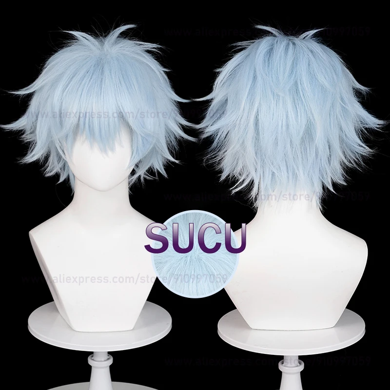 Anime Okazaki Shinichi Cosplay Wig 30cm Light Blue Hair Halloween Heat Resistant Synthetic Wigs + Wig Cap