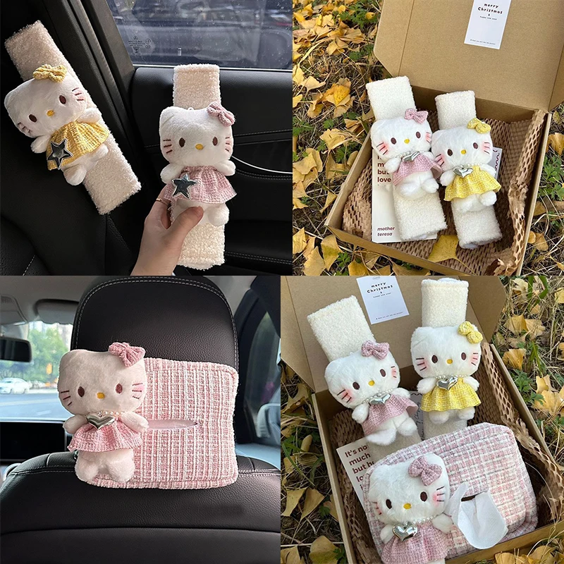 

Sanrio Hello Kitty Cartoon Car Seat Belt Shoulder Cover Fun Cute Automobile Safety Belt Cover Interior Decoration Car Tissue Box
