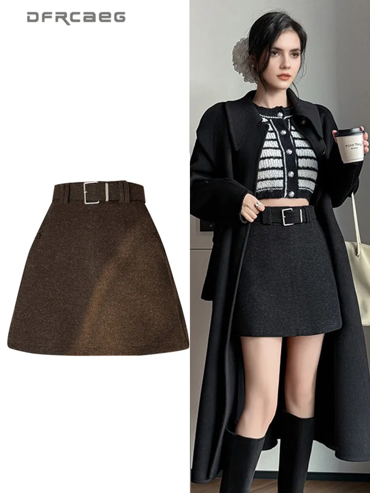 

Корейский стиль, утепленная зимняя шерстяная короткая юбка для женщин, тонкая офисная юбка трапециевидной формы с высокой талией, женские мини-юбки на пуговицах