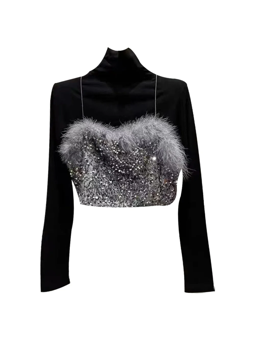 Women's Half High Collar Long-sleeved Casual Slimming Bottoming T-shirts + Sequined Suspender Tops Two-piece Set Female Clothing