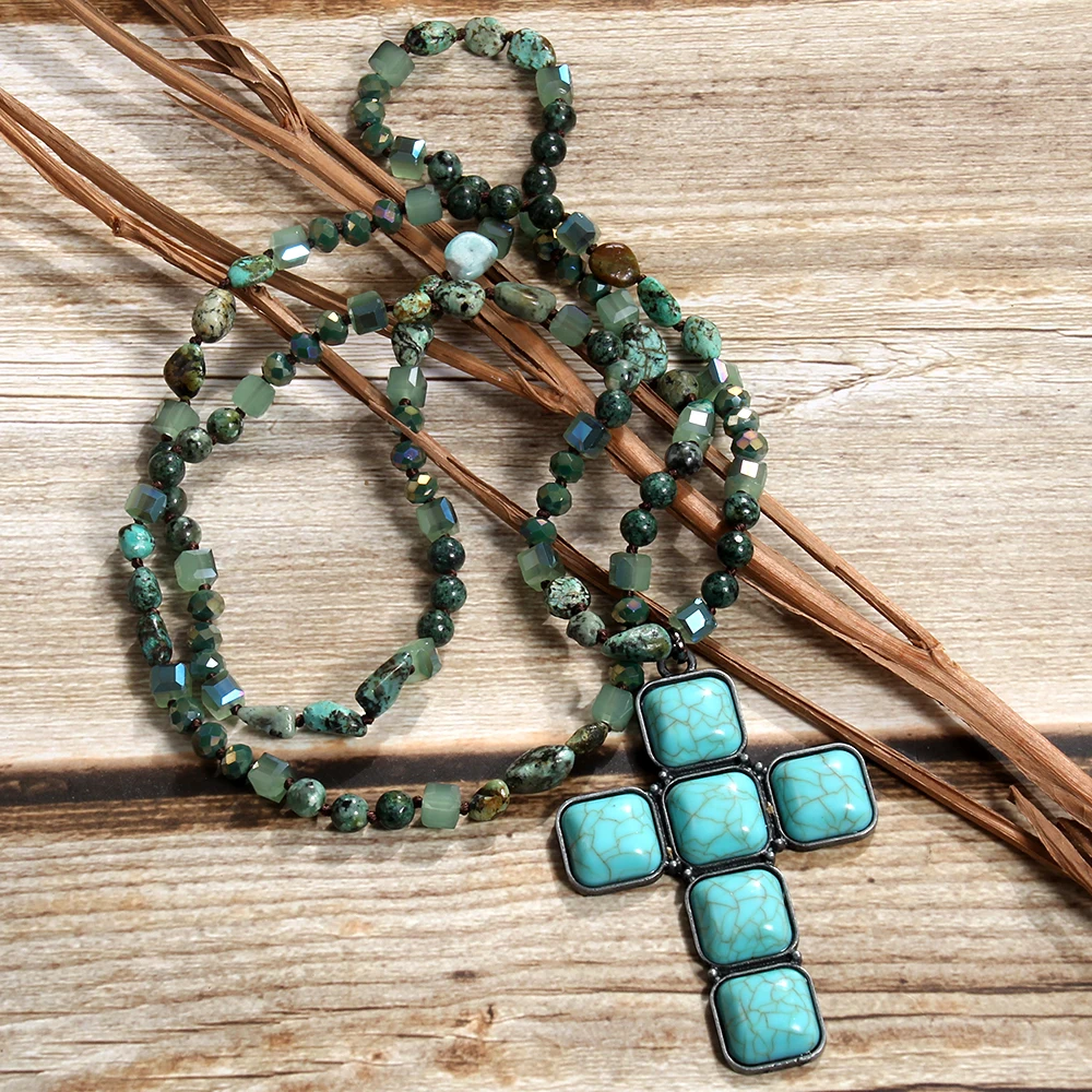 Spring New Fashion Bohemian Blue Green Natural Stone Glass Knot Necklace Square Cross Pendant Necklace Sweater Chain