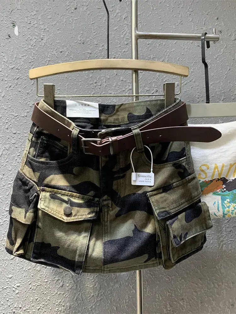 American Spice Girl Style Multi-pocket Design Tooling  Cargo Denim Skirt Women 2026 New Korean Style