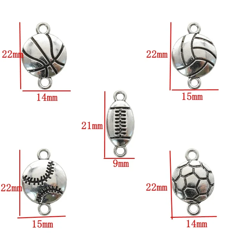 20PCS Antique Silver Plated Sports Charm Alloy Football Basketball &Soccer Connectors Pendants For DIY Jewelry Making