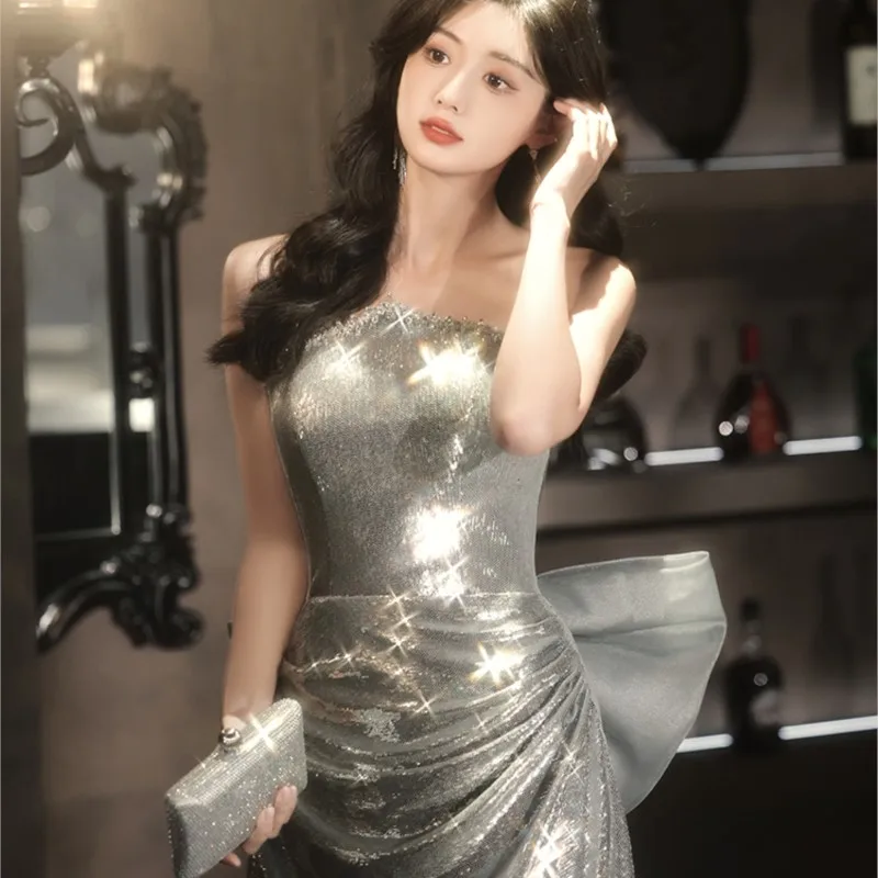 Sequined Strapless Dress Light Luxury Minority Will Host Performance Banquet Sense Toast