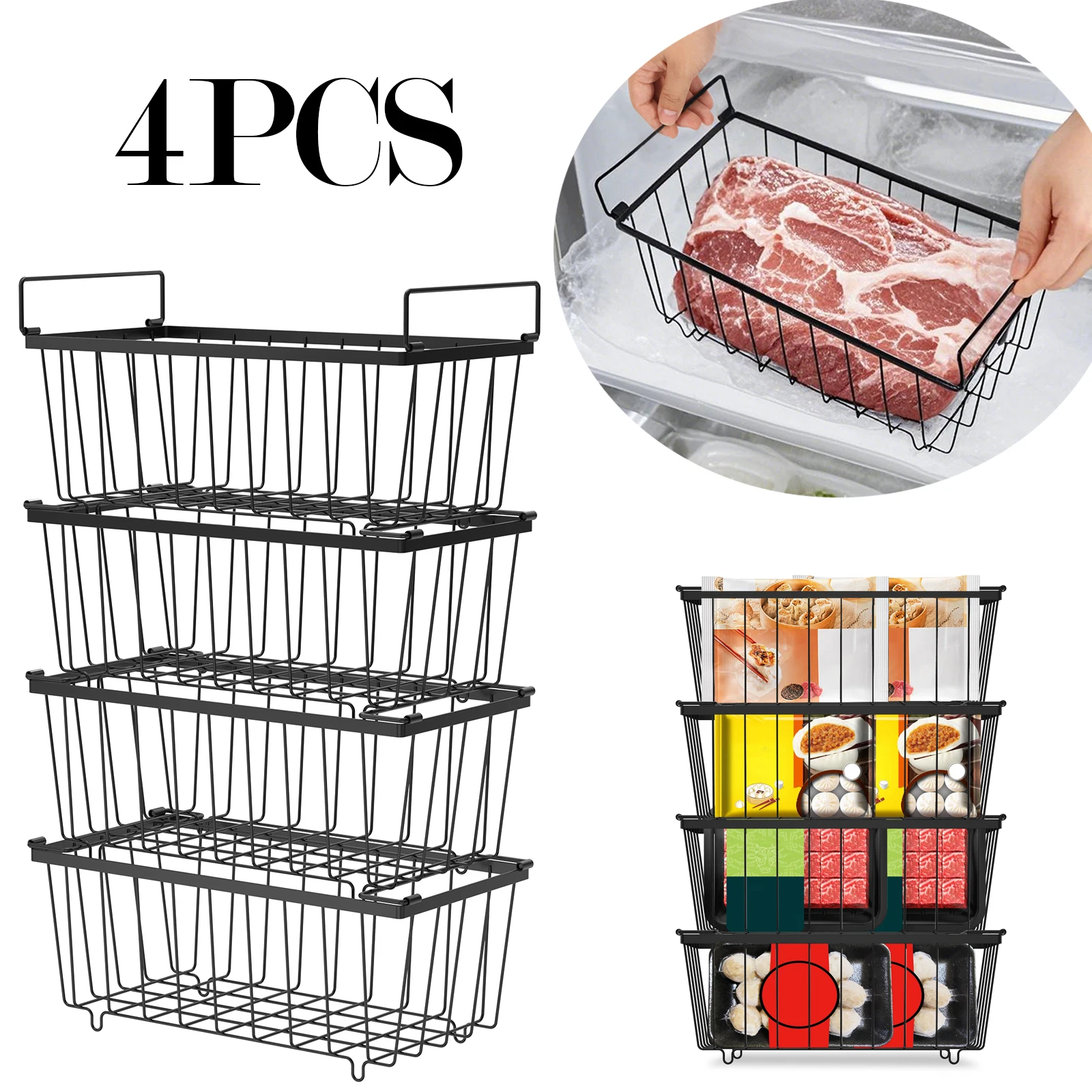 

4Pcs Metal Chest Freezer Basket with Foldable Handles Stackable Refrigerated Storage Basket for Sorting Frozen Meats