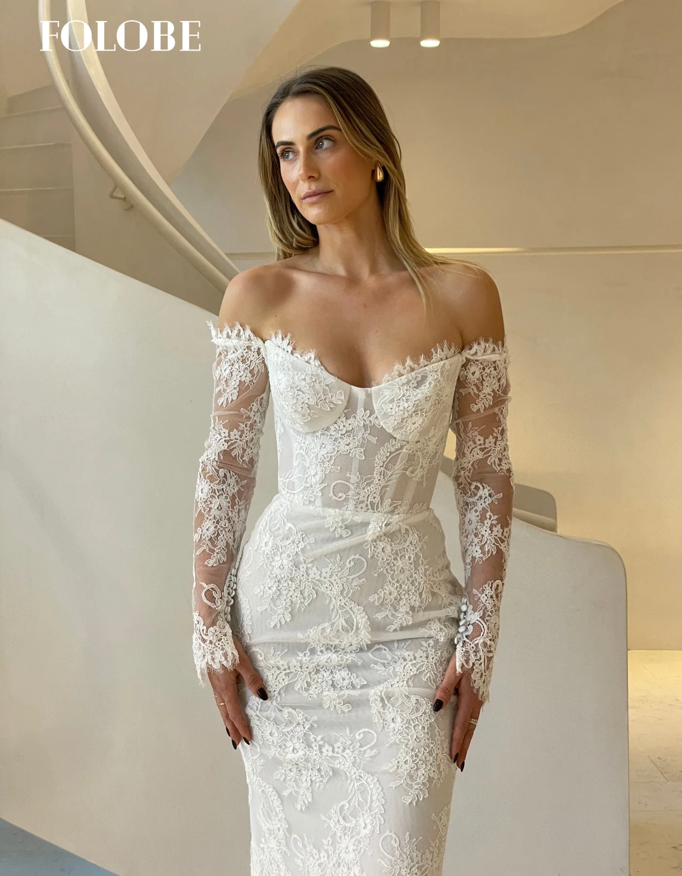 FOLOBE dentelle épaules dénudées sirène avec manches longues balayage étage robe de bal de mariée robe de mariée robes de noche personnalisé