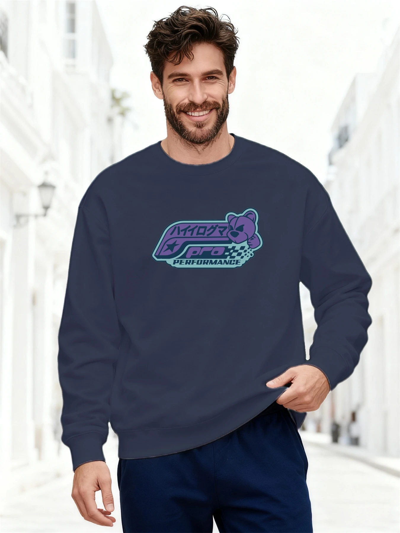 Men's Sweatshirt 2025 Trending White Crewneck Purple-Blue Cartoon Badge Graphic Japanese-Style Pro Performance Streetwear Top